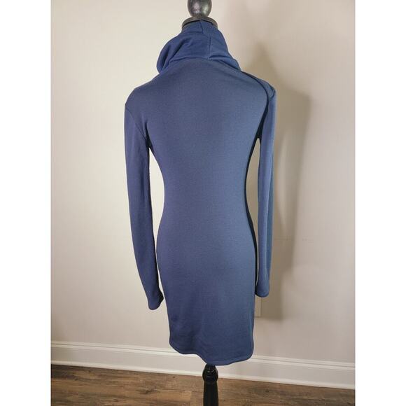 Navy Blue Long Sleeve Jersey Cozy Sweater Dress with Gold Design Floral Details - Picture 4 of 4